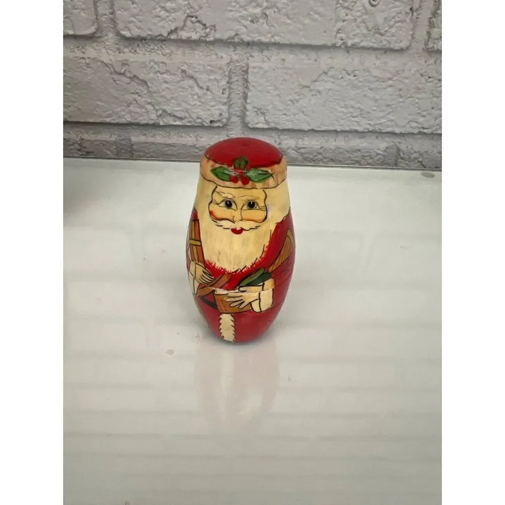 Vintage Russian Santa Claus Hand Painted Wood Nesting Dolls 5 PCS